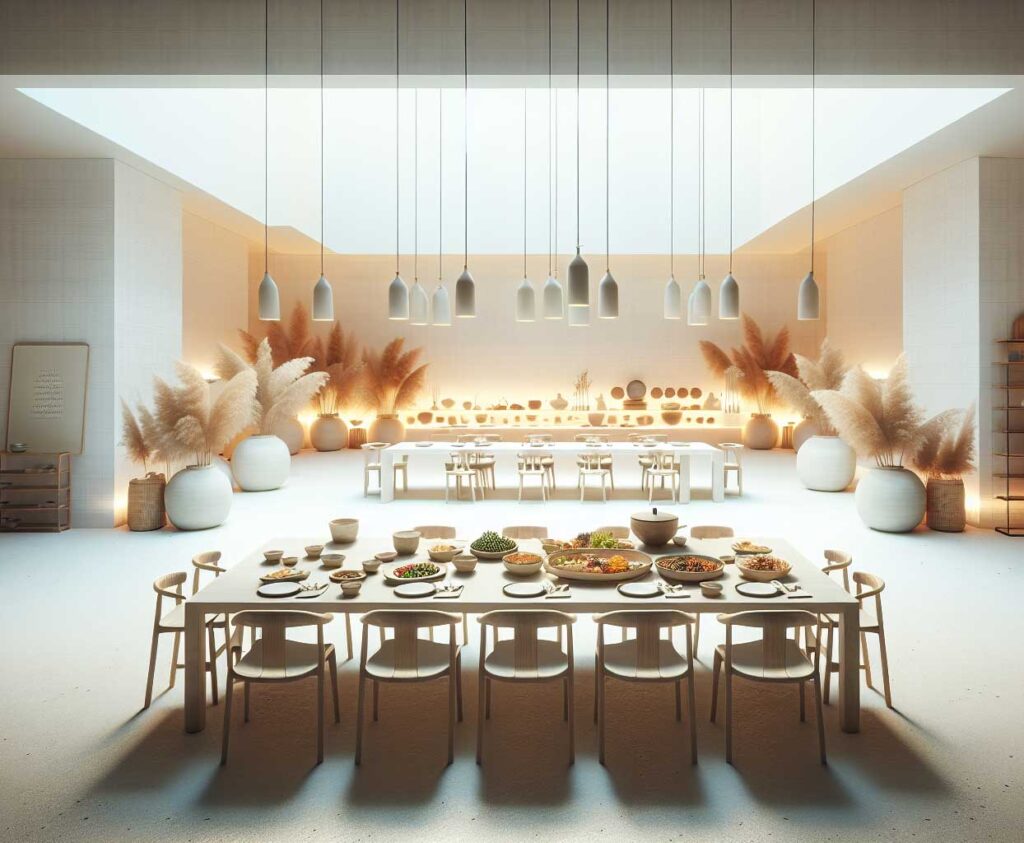 Kleine minimalistische warm gehaltene Private Dining Location mit gedecktem Tisch und Speisen